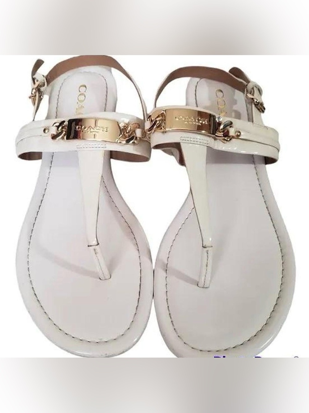 Coach Women's CATERINE Beige Patent Leather Strap Sandals with Gold Hardware